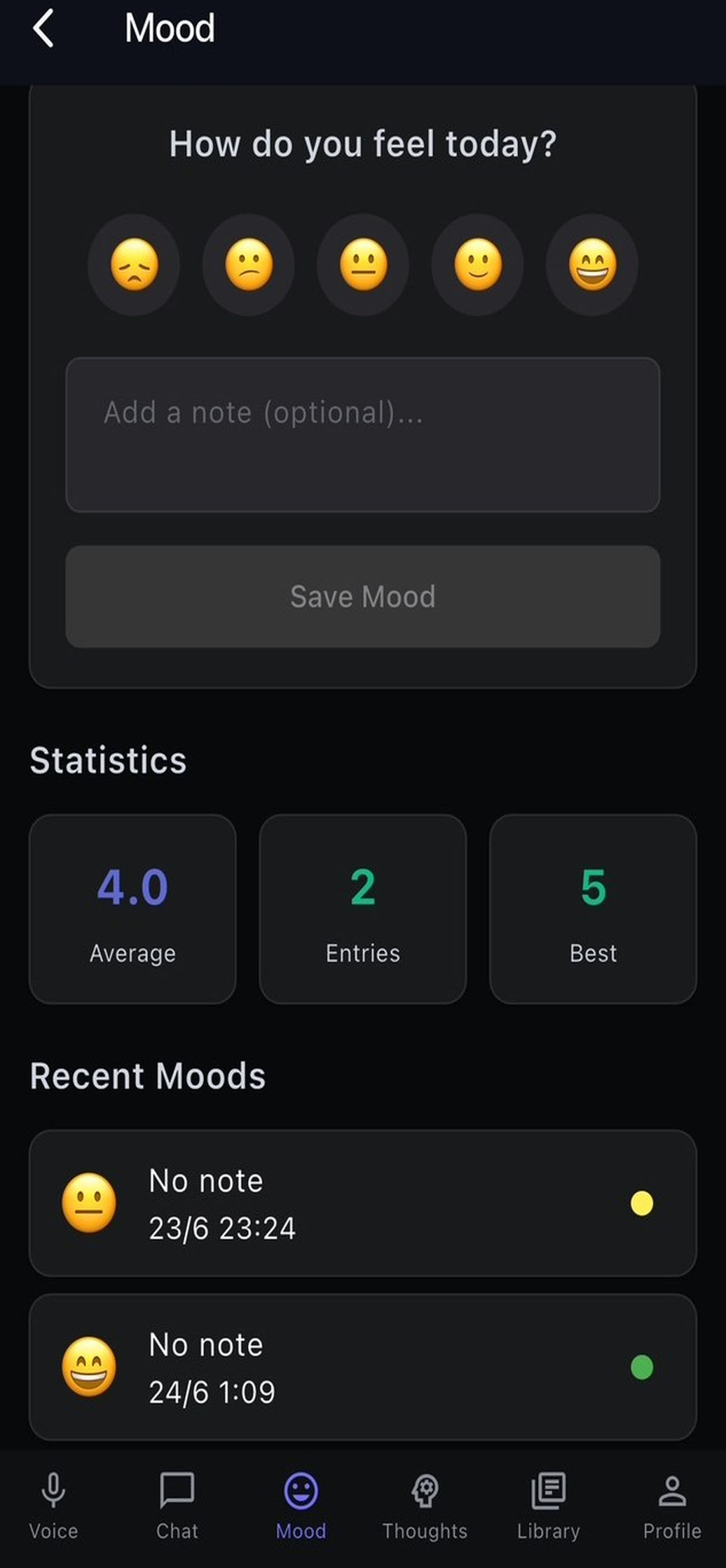 Minda's mood check-in screen