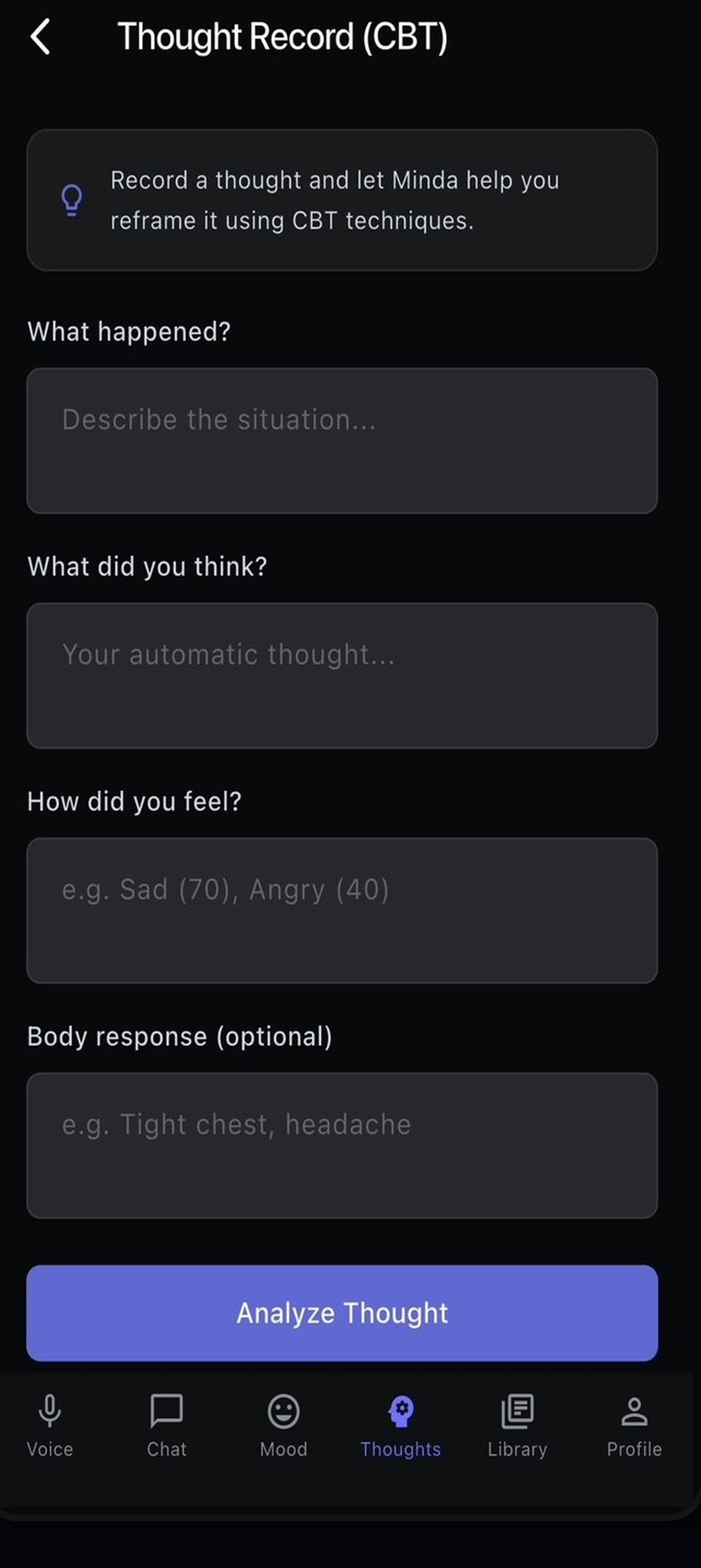 Minda's thought records screen